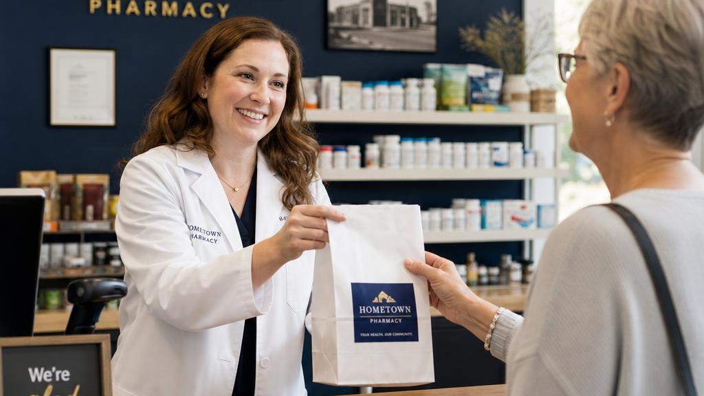 Pharmacist handing a prescription bag to a patient at the pharmacy counter